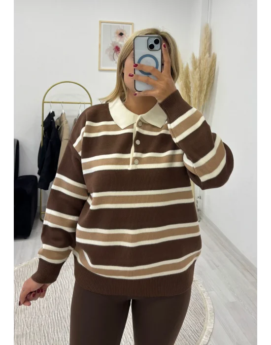 Polo Yaka Çizgili Oversize Triko Kazak - Kahve/Beyaz