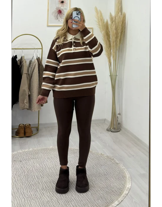 Polo Yaka Çizgili Oversize Triko Kazak - Kahve/Beyaz