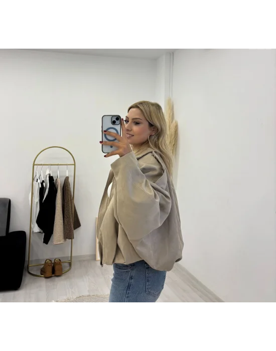 Fermuarlı Oversize Bomber Ceket - Bej/Siyah