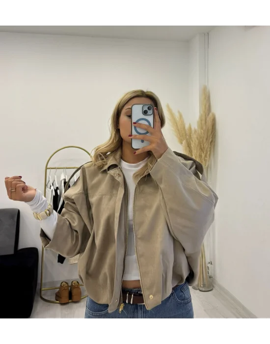 Fermuarlı Oversize Bomber Ceket - Bej/Siyah