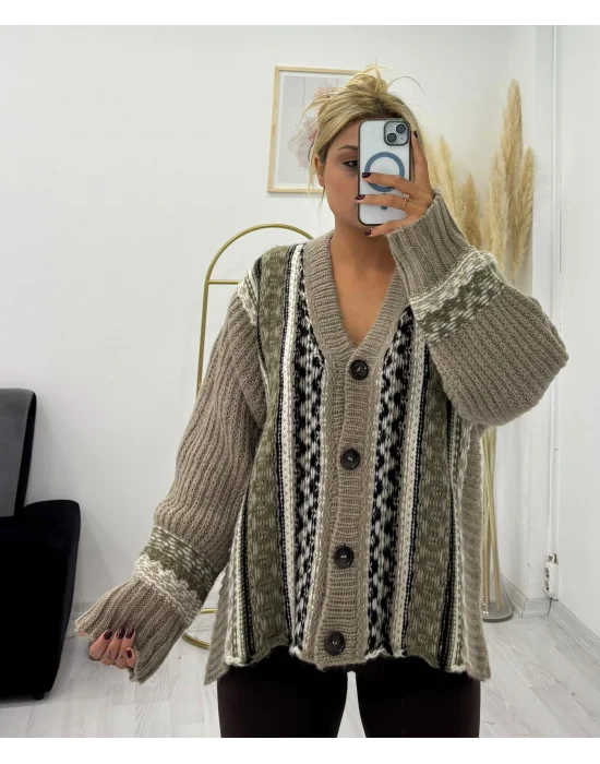 Etnik Desenli V Yaka Düğmeli Hırka