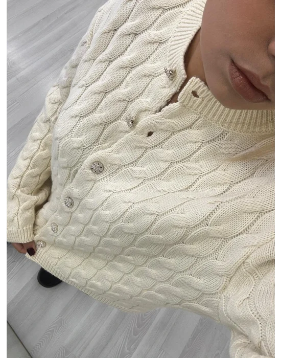 Burgu Desenli Bisiklet Yaka Parlak Düğmeli Hırka