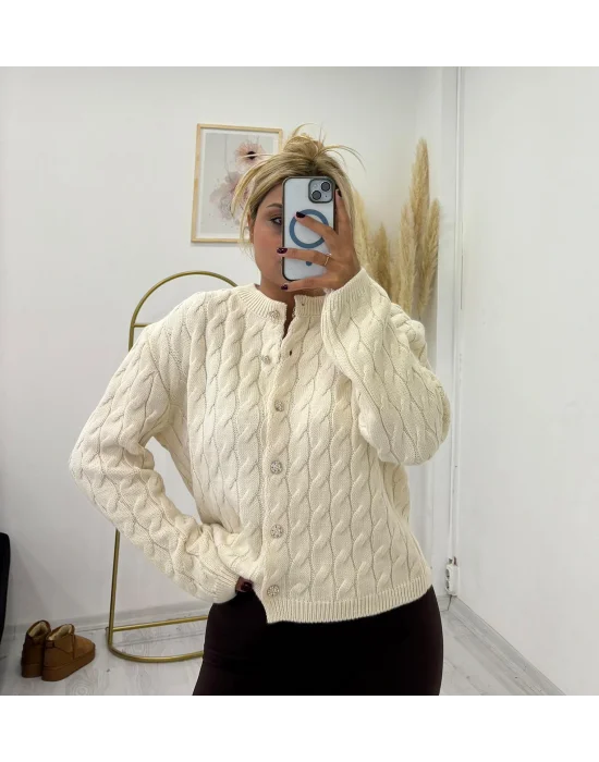 Burgu Desenli Bisiklet Yaka Parlak Düğmeli Hırka