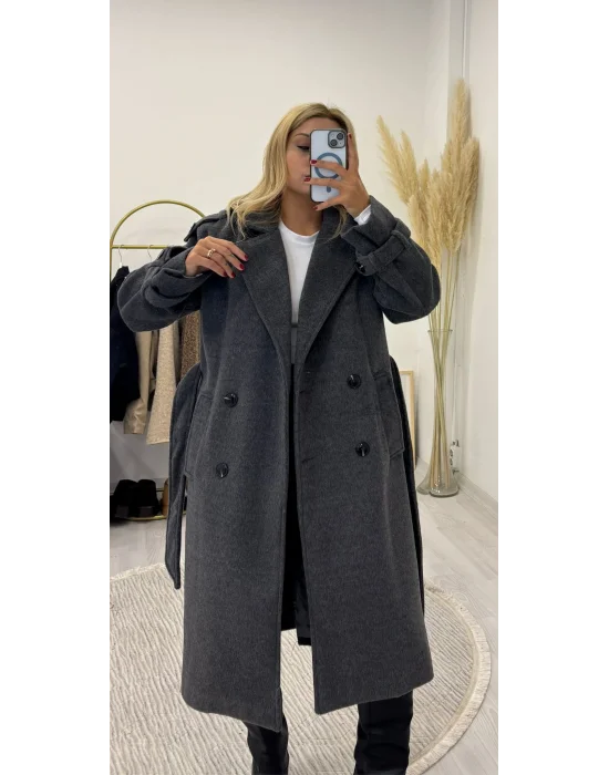 Kruvaze Yaka Kuşaklı Uzun Palto