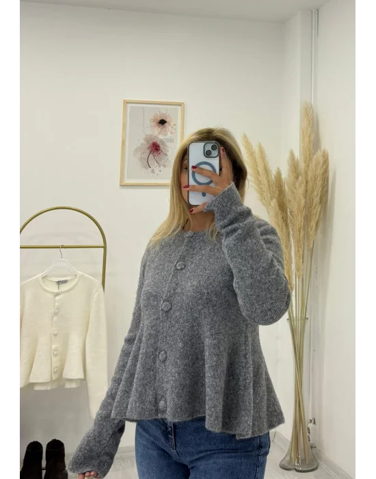 Çan Kesim Angora Efektli Düğmeli Kısa Hırka