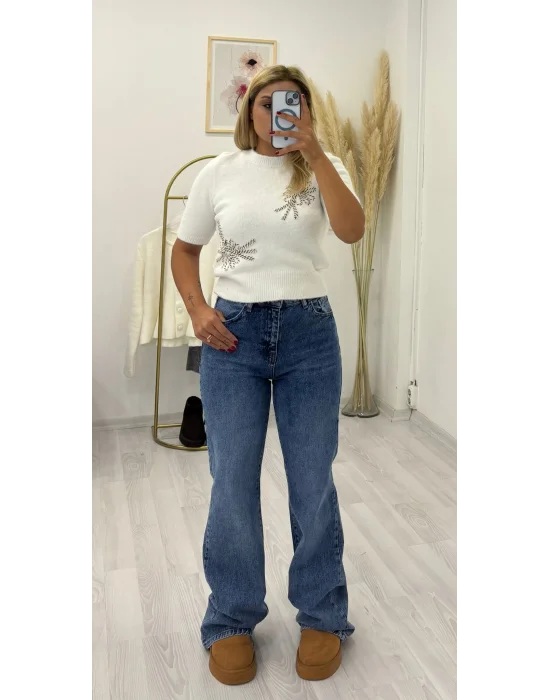 Yüksek Bel Orta Mavi Düğmeli Straight/Düz Paça Jean Pantolon