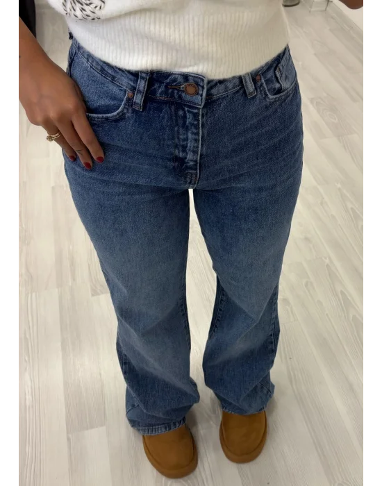 Yüksek Bel Orta Mavi Düğmeli Straight/Düz Paça Jean Pantolon