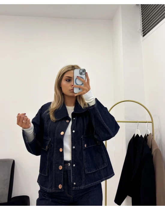 Rose Gold Düğme Detaylı Koyu Lacivert Jean (Ceket)
