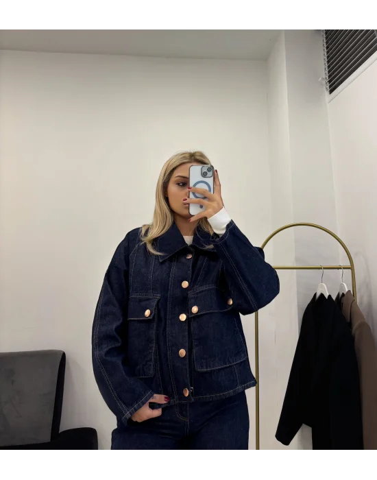 Rose Gold Düğme Detaylı Koyu Lacivert Jean (Ceket)