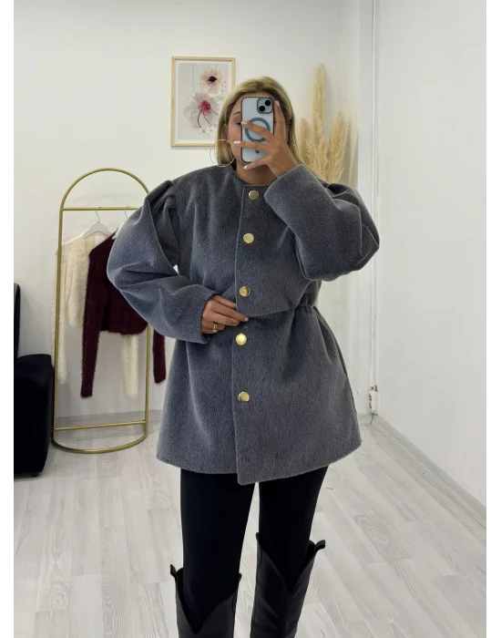 Gold Düğmeli Büzgülü Bel Tüylü Kısa Kaban - Füme/Siyah