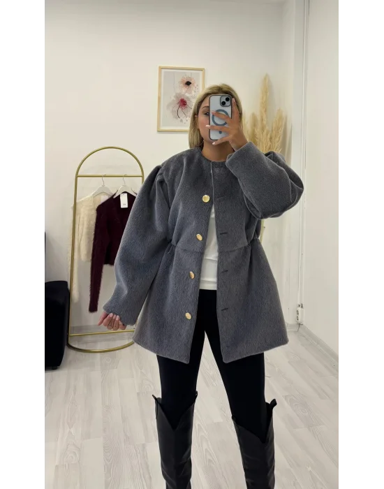 Gold Düğmeli Büzgülü Bel Tüylü Kısa Kaban - Füme/Siyah