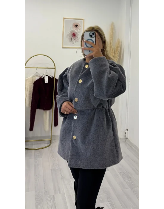 Gold Düğmeli Büzgülü Bel Tüylü Kısa Kaban - Füme/Siyah