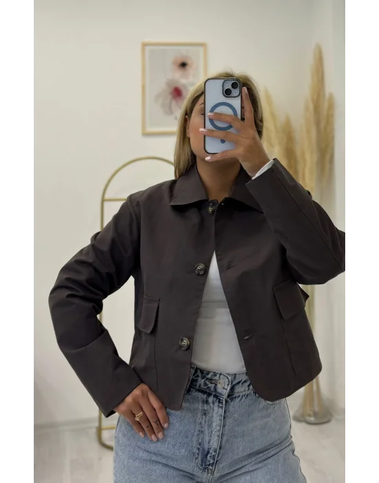 Crop Kesim Klasik Yakalı Büyük Cepli Kanvas Ceket - Bej/Vizon