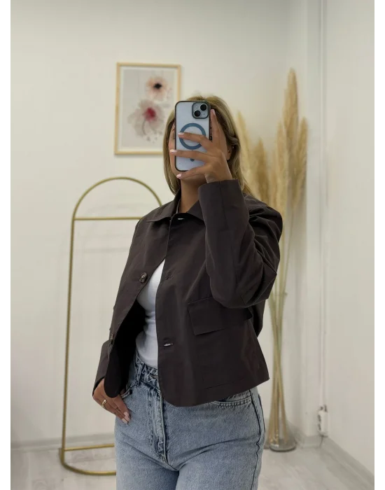 Crop Kesim Klasik Yakalı Büyük Cepli Kanvas Ceket - Bej/Vizon