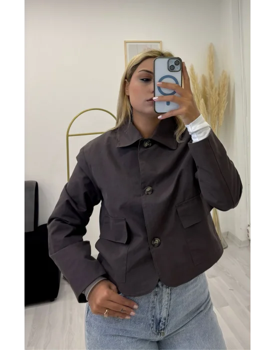 Crop Kesim Klasik Yakalı Büyük Cepli Kanvas Ceket - Bej/Vizon