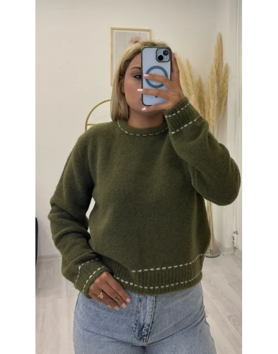 Kontrast Beyaz Dikiş Detaylı Kalın Triko Kazak - Haki & Kahverengi