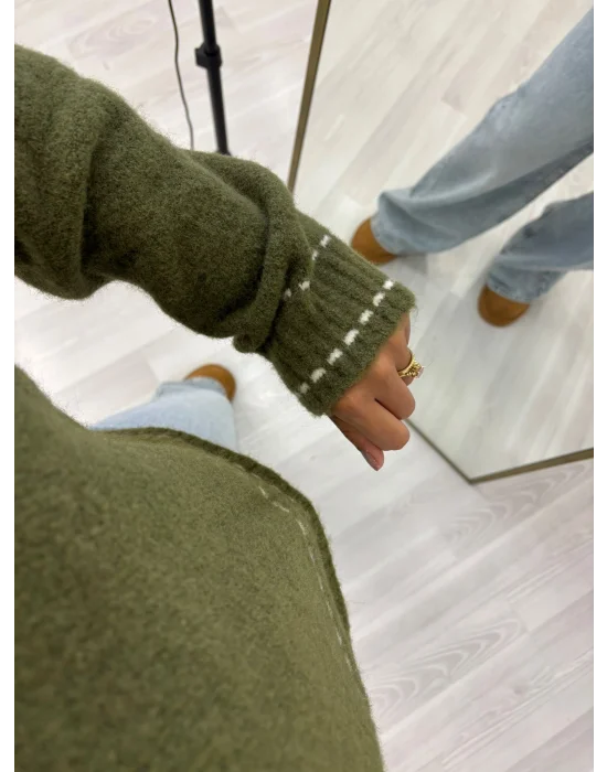 Kontrast Beyaz Dikiş Detaylı Kalın Triko Kazak - Haki & Kahverengi