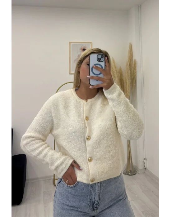 Gold Düğmeli Bukle (Fuzzy) Triko Hırka - Krem, Kahverengi & Siyah