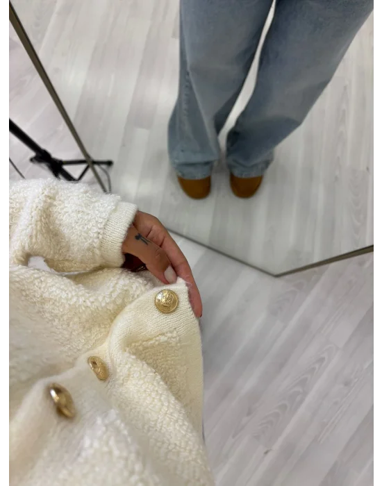 Gold Düğmeli Bukle (Fuzzy) Triko Hırka - Krem, Kahverengi & Siyah