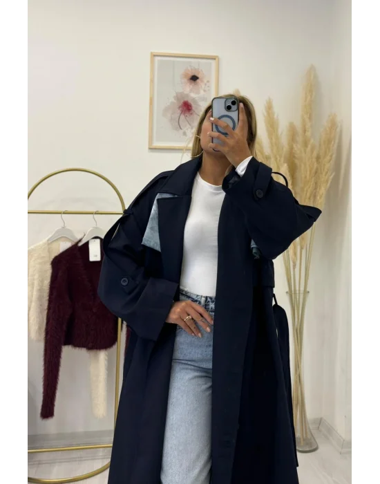 Kruvaze Kapamalı Geniş Yakalı Uzun Trençkot - Açık Gri, Lacivert & Siyah