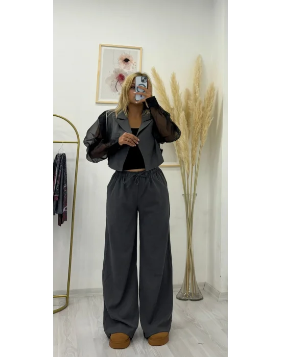 Çıkarılabilir Tül Kollu Crop Yelek & Ceket