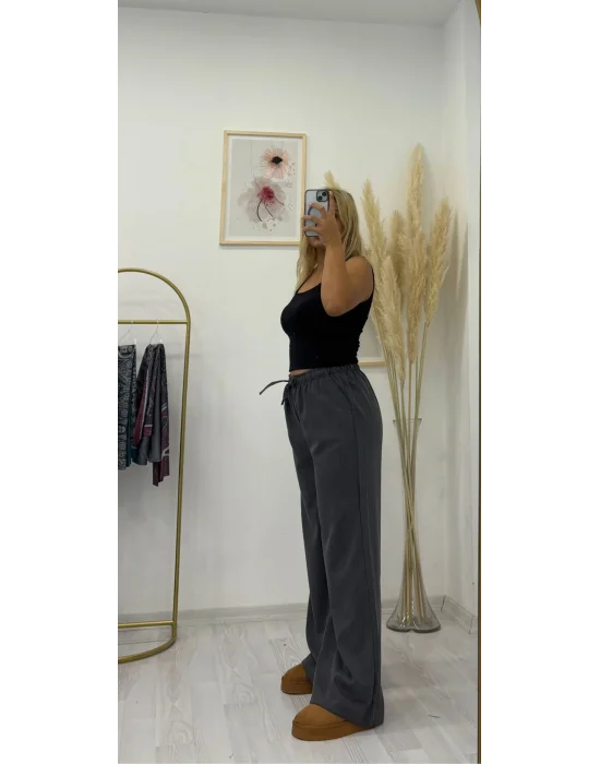 Büzgülü/Bağcıklı Bel Geniş Paça Dokuma Pantolon - Füme/Koyu Gri