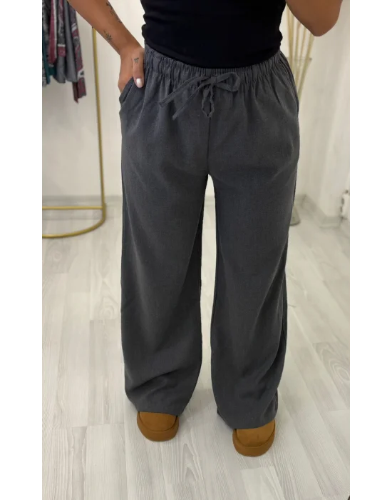 Büzgülü/Bağcıklı Bel Geniş Paça Dokuma Pantolon - Füme/Koyu Gri