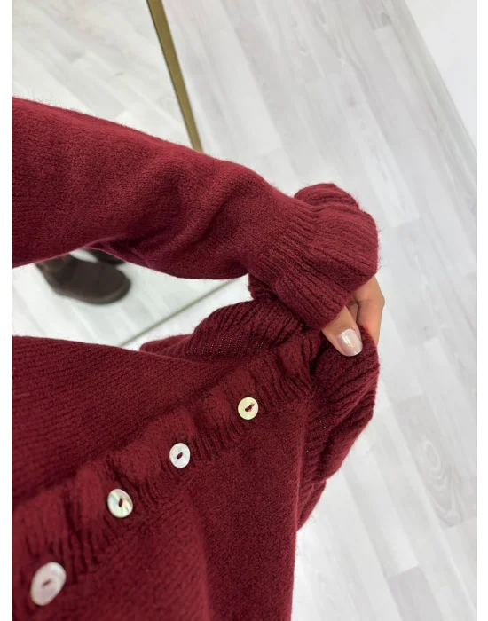 Peplum Kesim Fırfırlı Düğmeli Triko Kardigan - Vişne Çürüğü