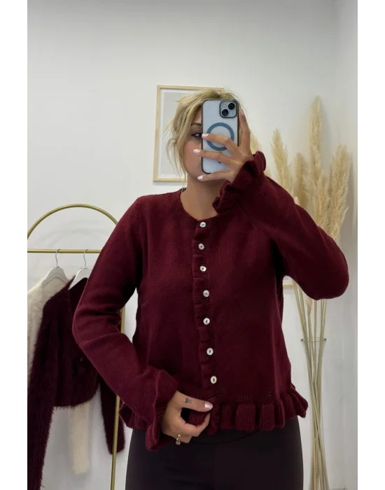 Peplum Kesim Fırfırlı Düğmeli Triko Kardigan - Vişne Çürüğü