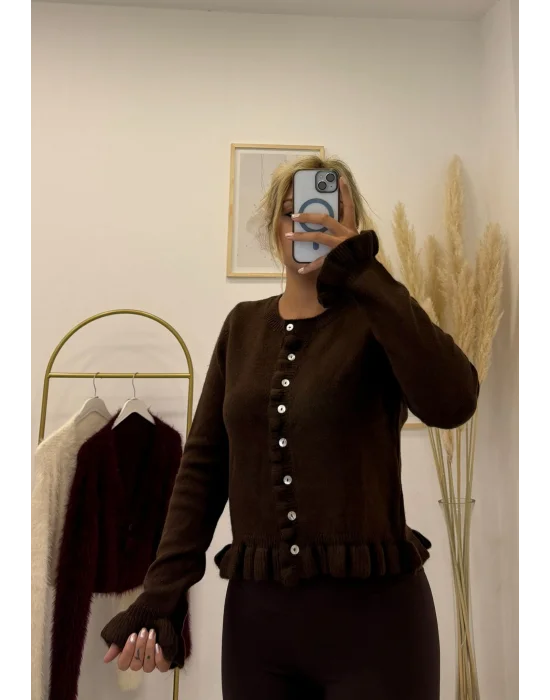 Etek ve Manşet Ucu Fırfır Detaylı Yuvarlak Yaka Triko Hırka - Kahverengi