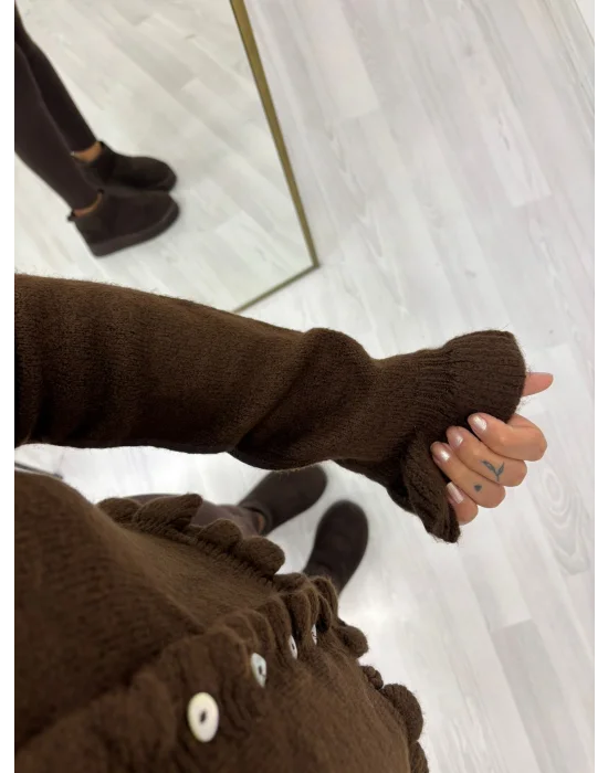 Etek ve Manşet Ucu Fırfır Detaylı Yuvarlak Yaka Triko Hırka - Kahverengi