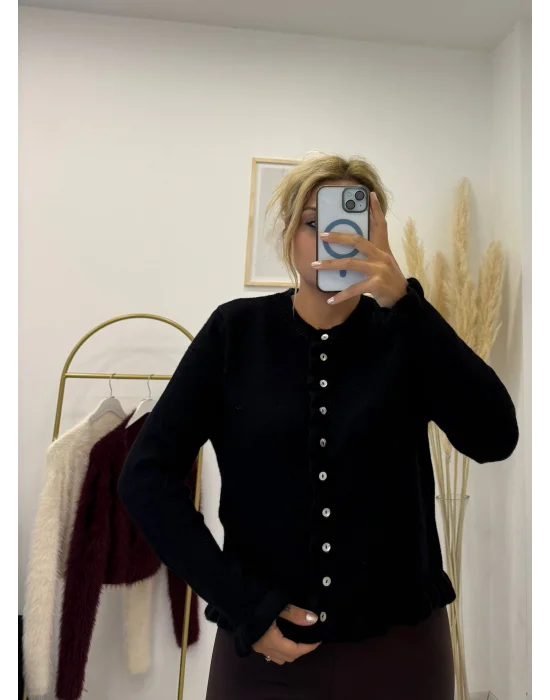 Peplum Kesim Fırfırlı Düğmeli Triko Kardigan - Siyah