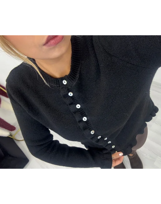 Peplum Kesim Fırfırlı Düğmeli Triko Kardigan - Siyah