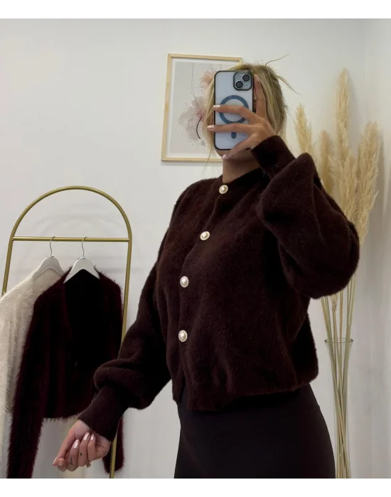 İnci Düğmeli Balon Kollu Yumuşak Tüylü (Fuzzy) Triko Hırka - Koyu Kahve