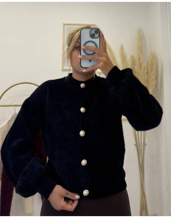 İnci Düğmeli Balon Kollu Yumuşak Tüylü (Fuzzy) Triko Hırka - Siyah