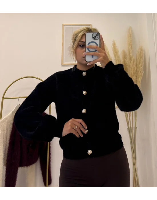İnci Düğmeli Balon Kollu Yumuşak Tüylü (Fuzzy) Triko Hırka - Siyah