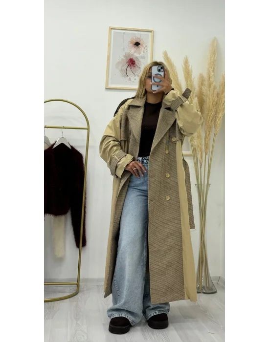 Patchwork (Kombin) Desenli ve Düz Kumaşlı Uzun Trench Coat - Bej & Ekose