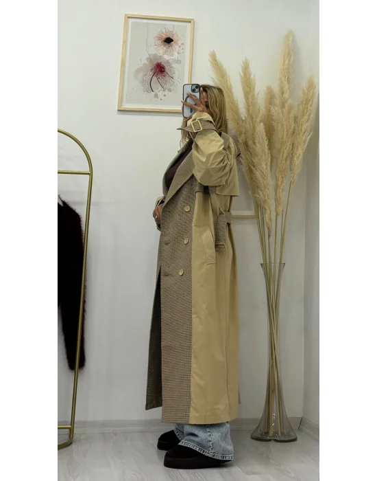 Patchwork (Kombin) Desenli ve Düz Kumaşlı Uzun Trench Coat - Bej & Ekose