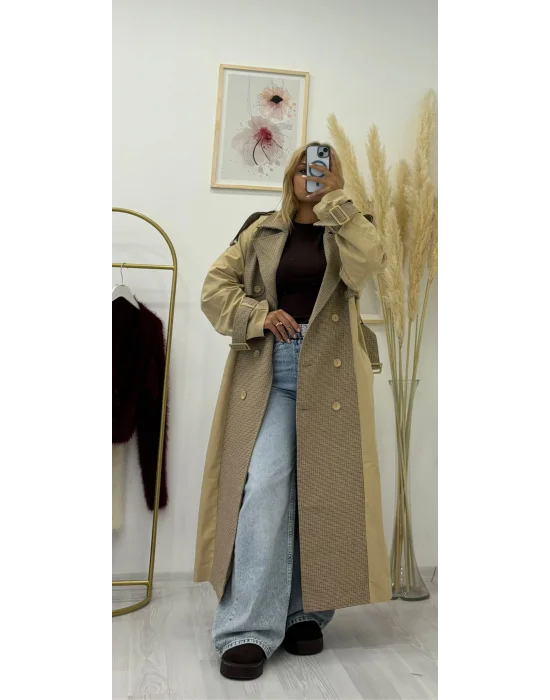 Patchwork (Kombin) Desenli ve Düz Kumaşlı Uzun Trench Coat - Bej & Ekose