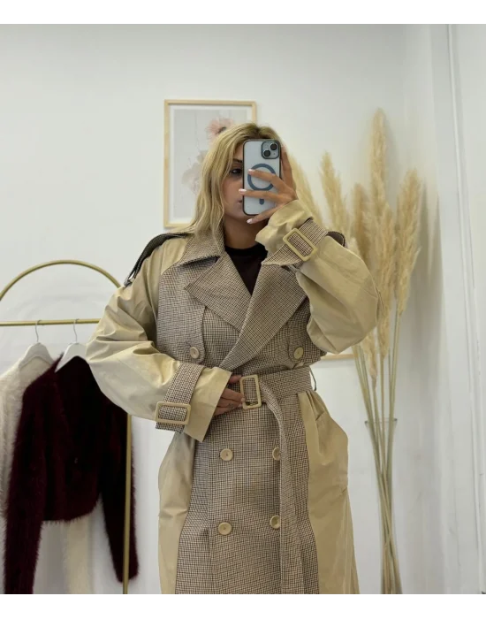 Patchwork (Kombin) Desenli ve Düz Kumaşlı Uzun Trench Coat - Bej & Ekose