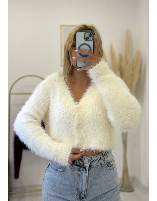 V Yaka Düğmeli Yumuşak Tüylü (Shaggy) Crop Triko Hırka - Krem/Ekru