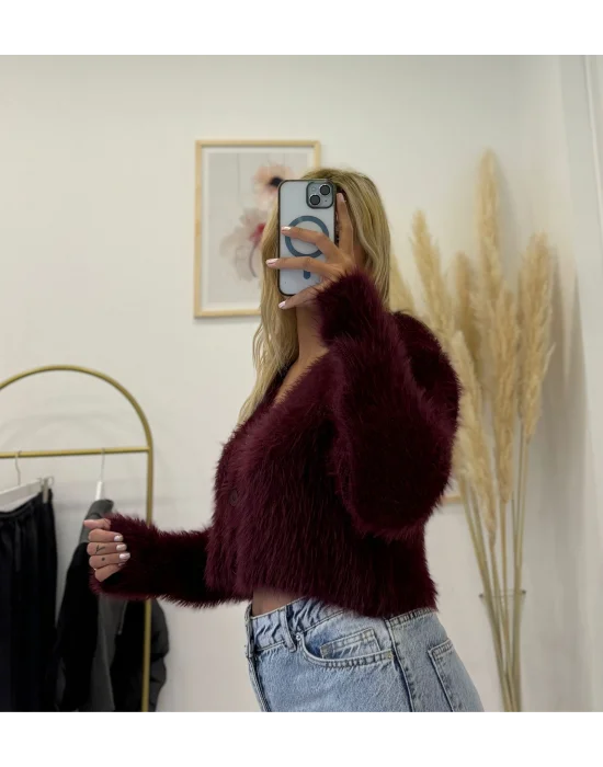 V Yaka Düğmeli Yumuşak Tüylü (Shaggy) Crop Triko Hırka - Vişne Çürüğü/Bordo