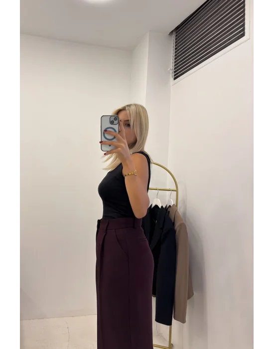 Mürdüm Pile Detaylı Yüksek Bel Wide Leg Pantolon