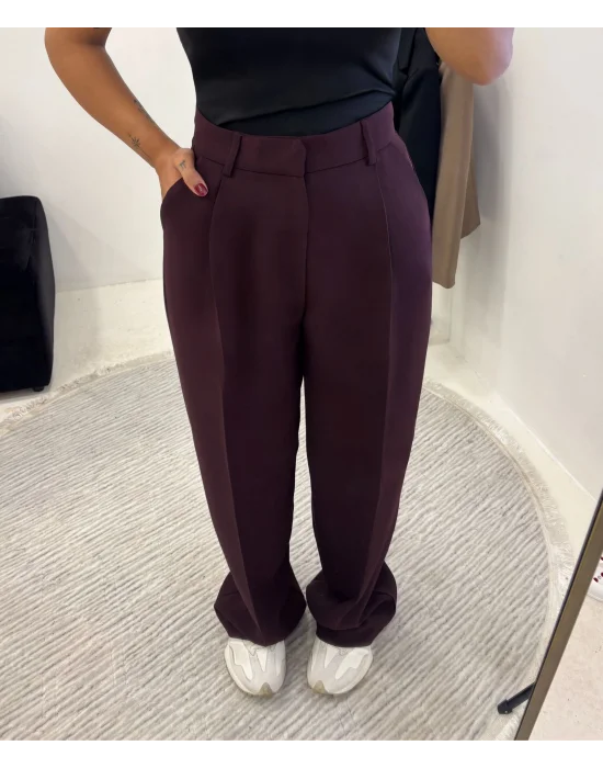 Mürdüm Pile Detaylı Yüksek Bel Wide Leg Pantolon