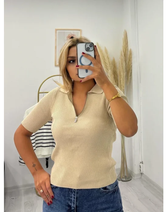 Kısa Kollu Fermuarlı Polo Yaka Triko