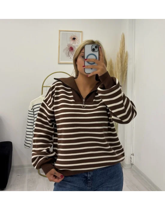 Yarım Fermuarlı Çizgili Oversize Triko Kazak