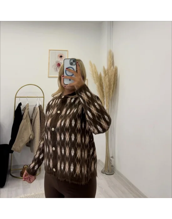 Baklava Desenli Düğmeli Hırka - Kahverengi (veya Bordo)