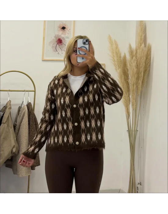 Baklava Desenli Düğmeli Hırka - Kahverengi (veya Bordo)