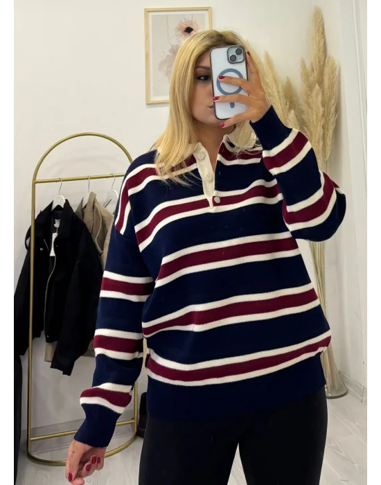 Polo Yaka Çizgili Oversize Triko Kazak -