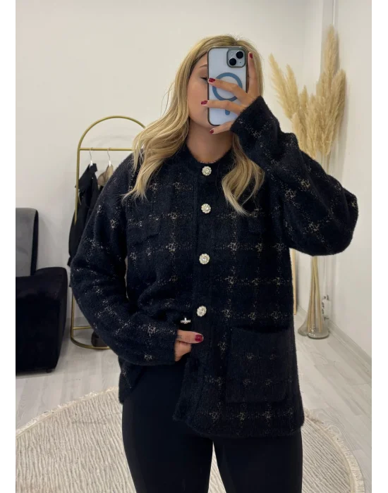 Taş Düğmeli Tüylü Triko Hırka - Siyah